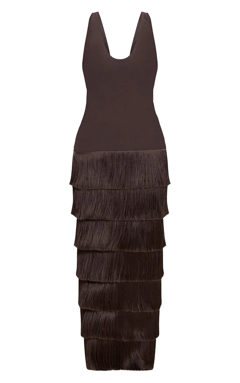PLT Label Dark Chocolate Mesh Fringe Skirt Maxi Dress Prettylittlething Brown : Day Dresses : VogaCloset Oman PLT Label Dark Chocolate Mesh Fringe Skirt Maxi Dress Prettylittlething Brown : Day Dresses : VogaCloset Oman