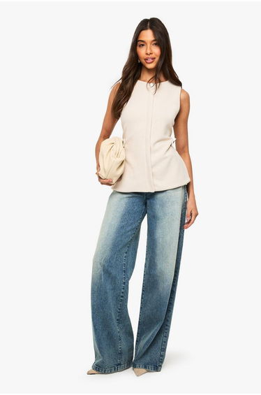 Textured Gold Button Cinched Waist Sleeveless Waistcoat - cream