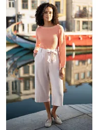 Yumi Natural Linen Mix Cropped Trousers With Tie Belt