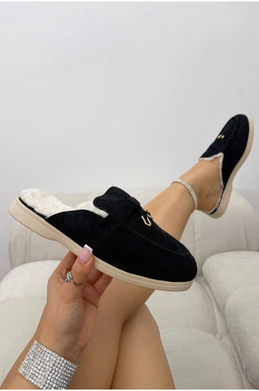 Lemonade Velvet Crush Faux Fur Lined Slip-On Clog Mules Black