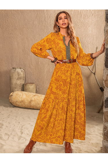 Floral Print Cuffed Sleeve A-Line Maxi Dress