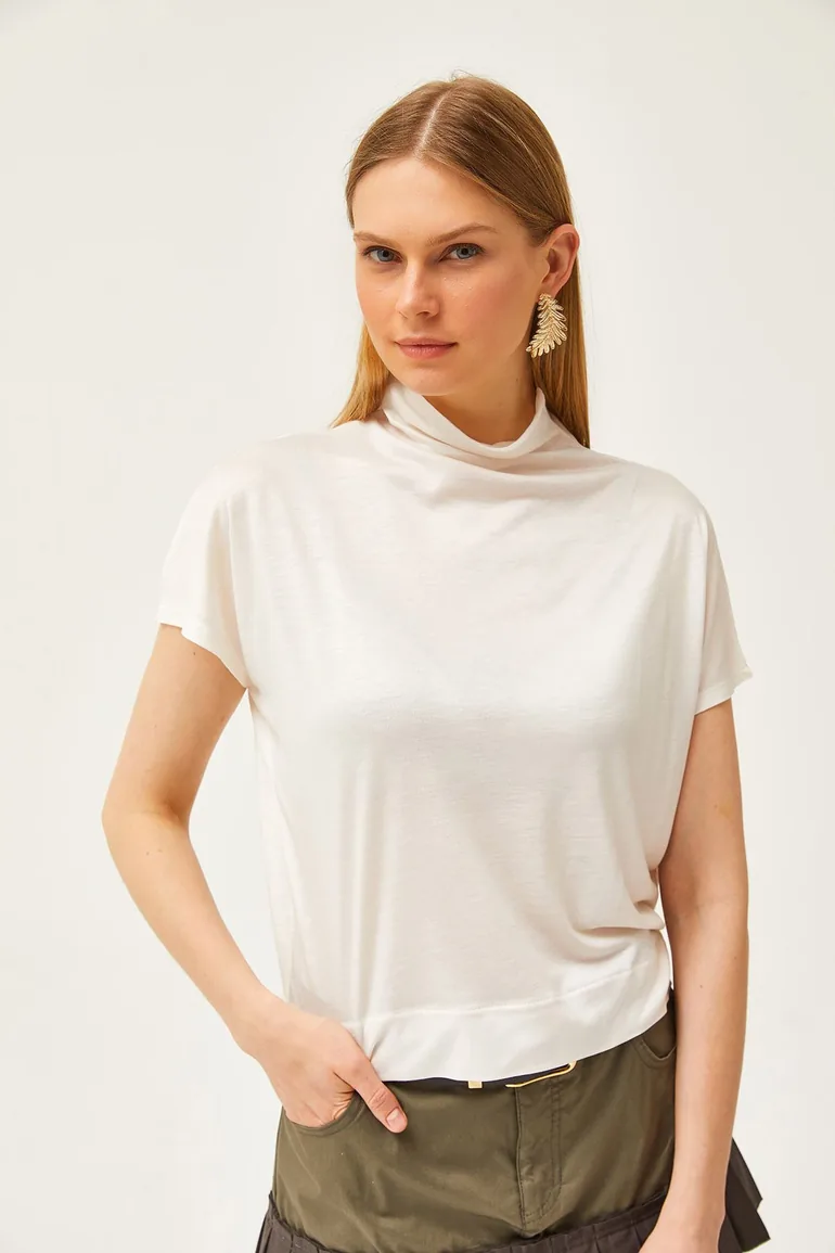 Women's White Stand Collar Bat Flowing Blouse - 5