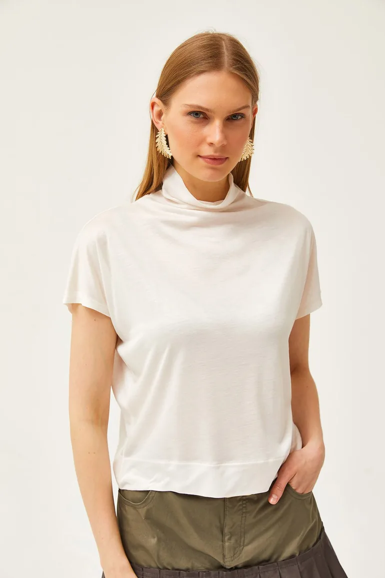 Women's White Stand Collar Bat Flowing Blouse - 4