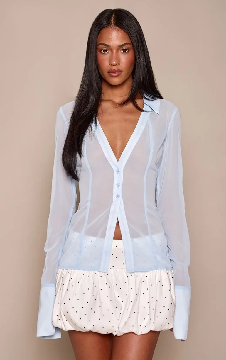 Tall Powder Blue Mesh Button Front Blouse - 3