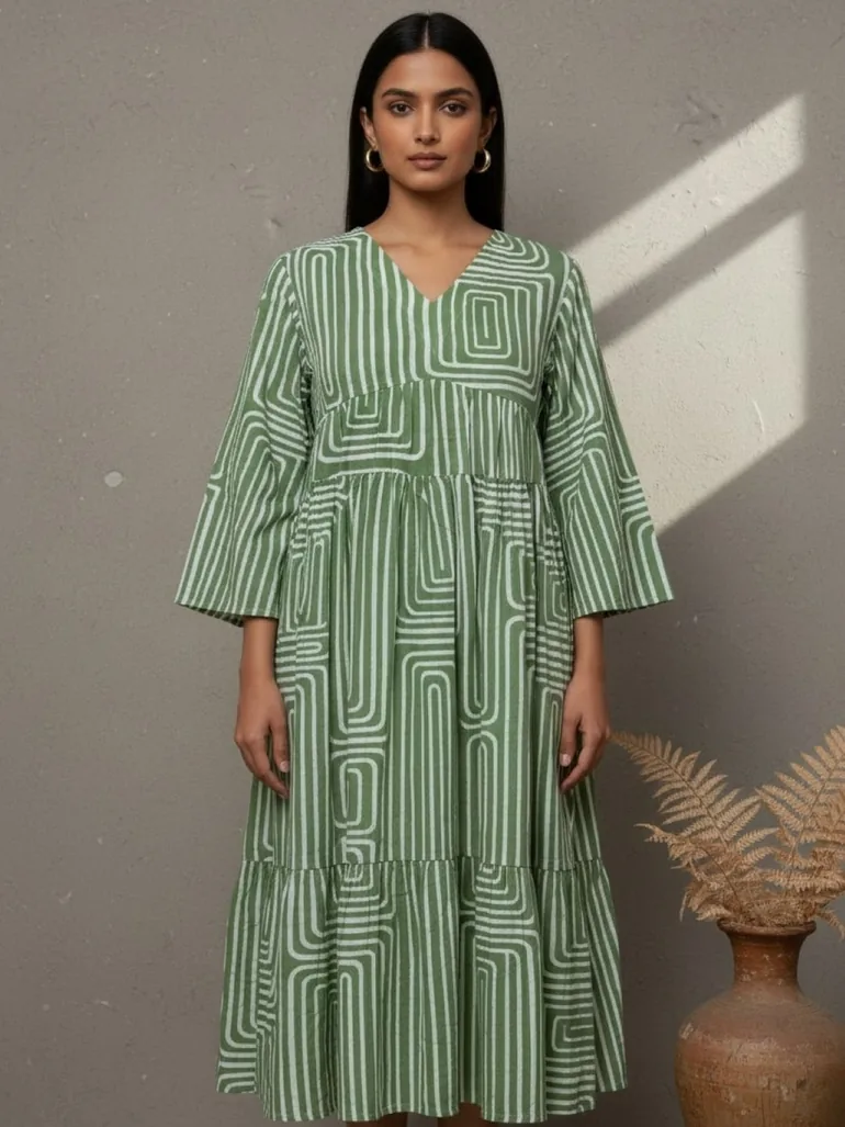 Green Geometric Print V Neck Midi Dress