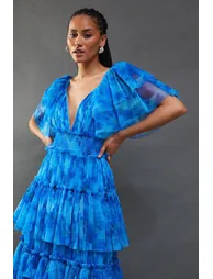 Tulle Floral Plunge Neck Flutter Sleeve Tier Maxi Dress - 3