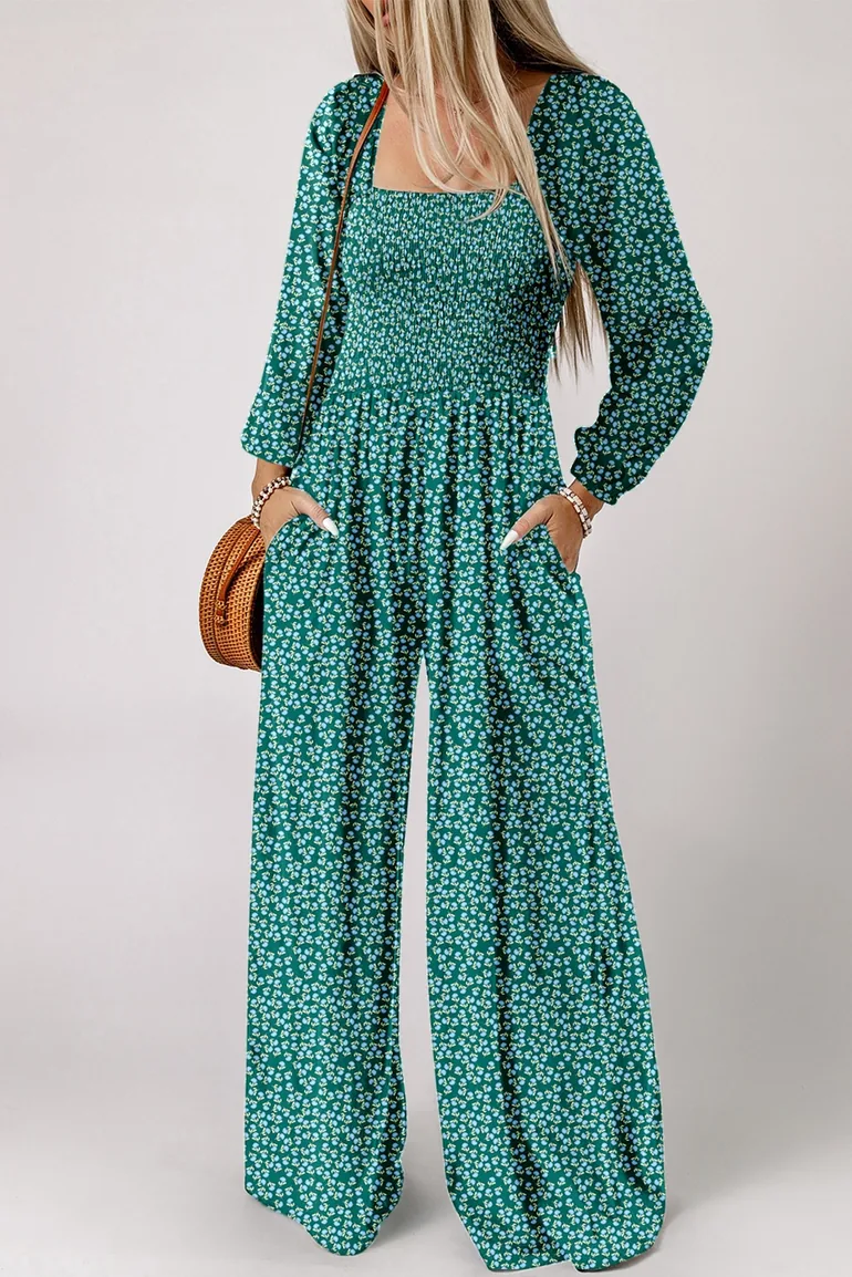 Green Floral Print Western Smocked Bodice Square Neck Wide Leg Jumpsuit