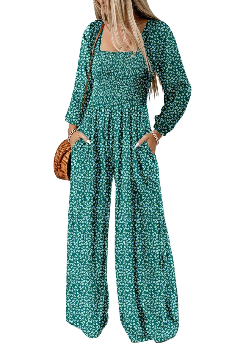 Green Floral Print Western Smocked Bodice Square Neck Wide Leg Jumpsuit - 2