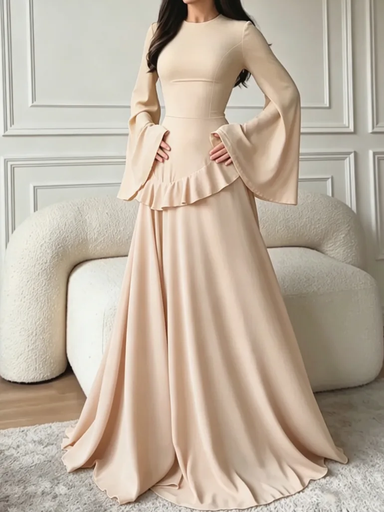 Beige Ruffle Detail Bell Sleeves Maxi Dress