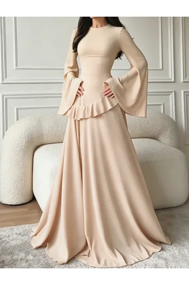 Beige Ruffle Detail Bell Sleeves Maxi Dress