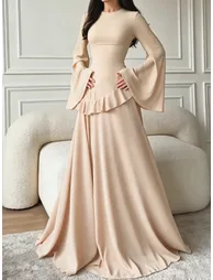 Beige Ruffle Detail Bell Sleeves Maxi Dress