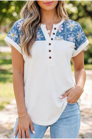 Lvness White Floral Patchwork Short Sleeve Viscose Blend Blouse
