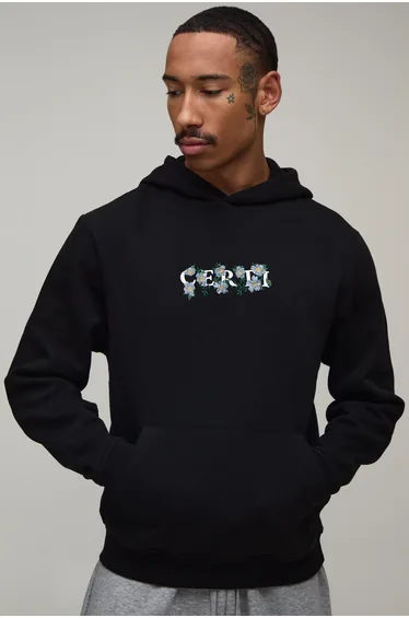 Regular Floral Chest Embroidered Hoodie - black