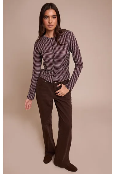 Multi Stripe Rib Button Down Long Sleeve Top