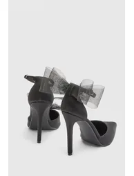 Black Satin Tulle Bow Pointed High Stiletto Heel Court Shoes - 3