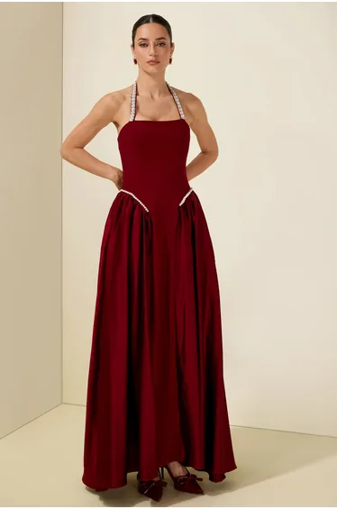 Faux Pearl Satin Halter Neck Maxi Dress
