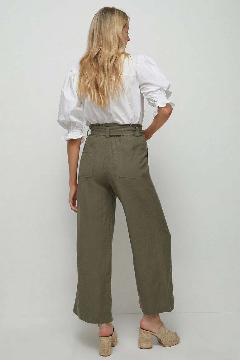 Linen Mix Tie Paper Bag Waist Trousers - 2