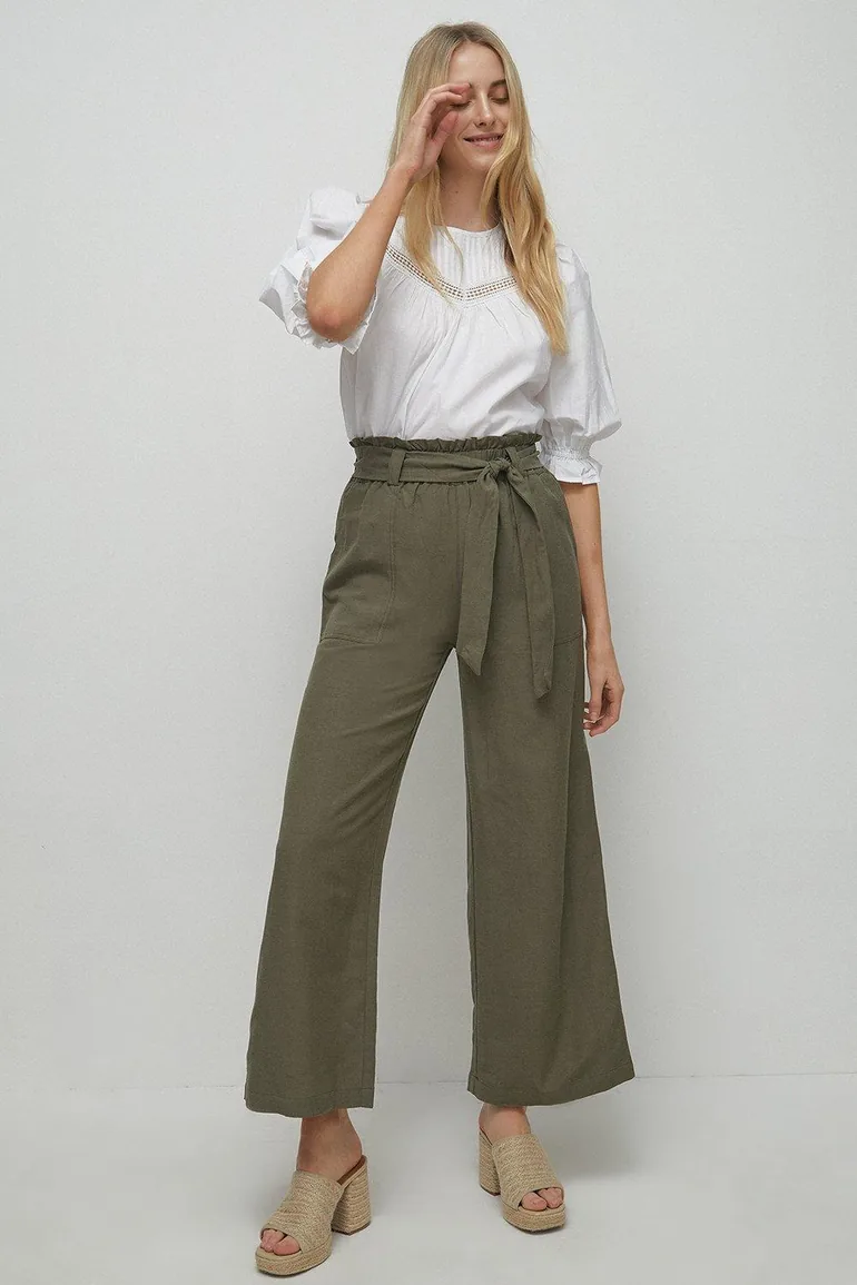 Linen Mix Tie Paper Bag Waist Trousers