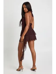 Halterneck Mesh Ruffle Mini Dress - chocolate - 2