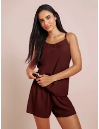 Burgundy Waffle Placket Cami and Shorts Set