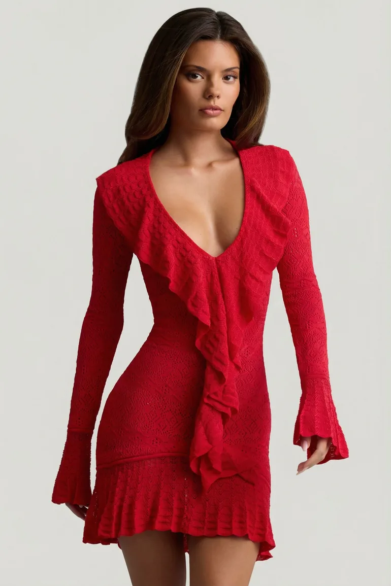 Ruffle-Trim Pointelle-Knit Mini Dress in Scarlet Red
