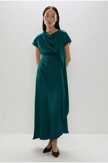 Viscose Satin Drape Midi Dress