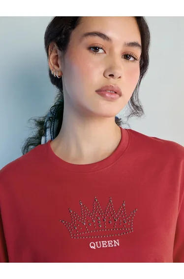 Red Stud Detailed Oversized T-Shirt