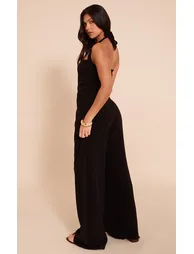 Black Linen Look Halter Neck Wide Leg Jumpsuit - 1