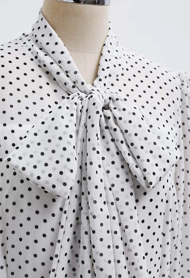 Cascade Ruffle Polka Dot Bowknot Chiffon Maxi Dress in White - 5