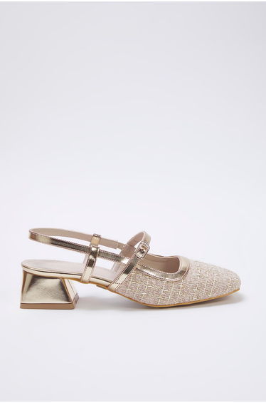 Beige Tweed Square Toe Mary Jane Women's Block Heel Shoes product thumbnail 3