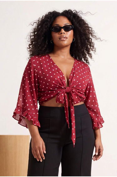 Beachwear Cherry Polka Dot Patterned Crop Sleeve Ruffle Flounce Double Breasted Collar Blouse product thumbnail 2