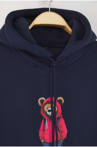 Navy Blue Oversize/Wide Cut Hooded Fleece/Warm Cotton Unisex Sweatshirt product thumbnail 2