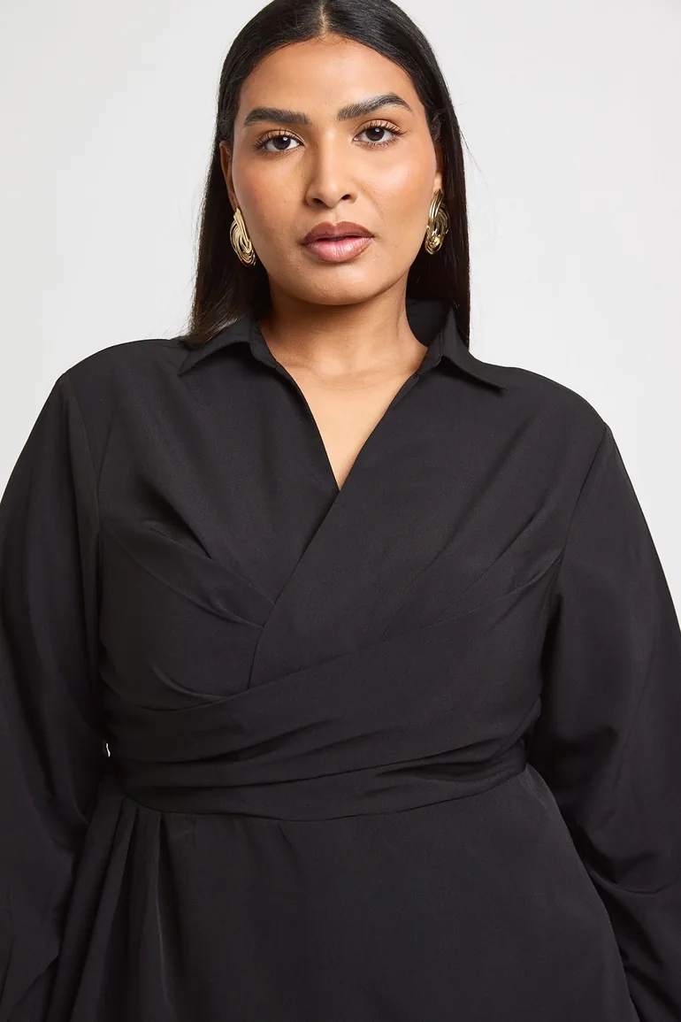 Plus Wrap Front Shirt Dress - black - 3