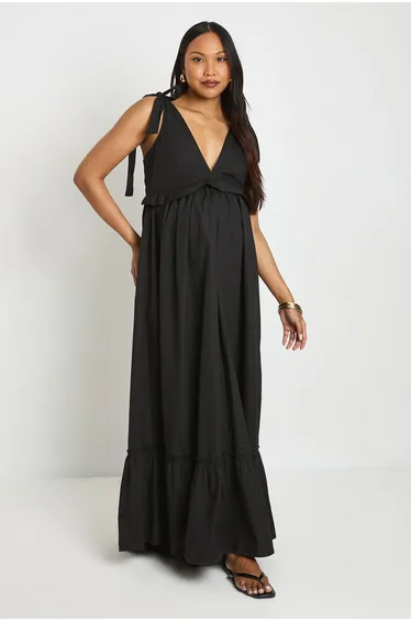 Maternity Bow Shoulder Maxi Dress - black