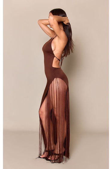 Chocolate Woven Asymmetric Fringe Leg Split Maxi Dress product thumbnail 3