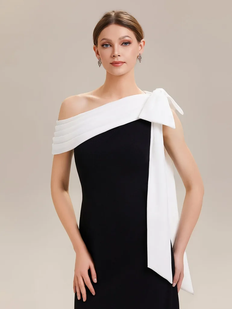 Asymmetric Shoulder with Bow Knit Black Tie Formal Dress - 3