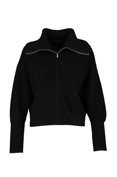 Black Turn-down Collar Zippered Crop Knitwear Cardigan product thumbnail 2