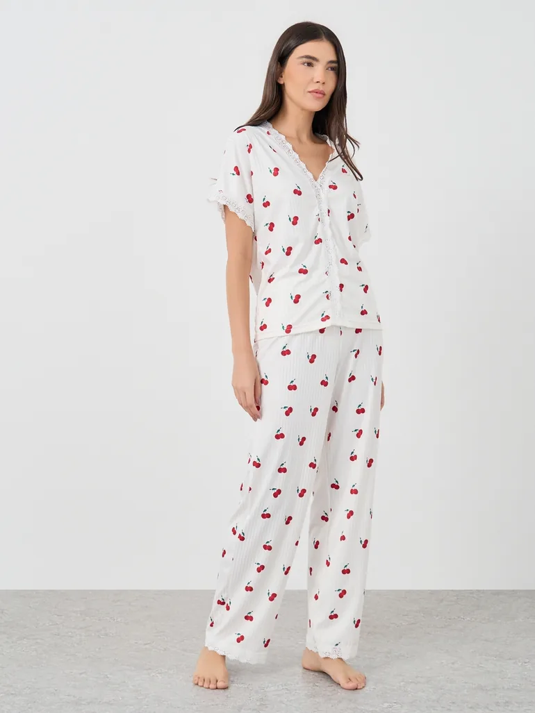 Cherry Print V Neck T-Shirt and Pyjama Set - 1