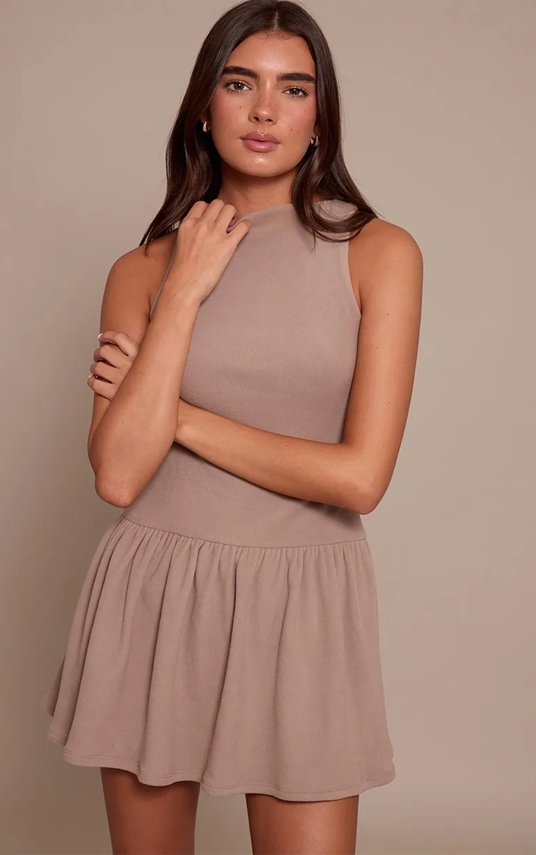 Taupe Ribbed High Neck Sleeveless Shift Dress - 3