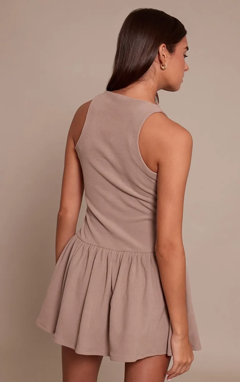 Taupe Ribbed High Neck Sleeveless Shift Dress - 1