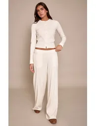 Cream Rib Drawstring Low Rise Straight Leg Trouser - 5