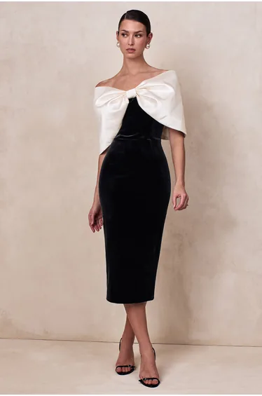 Twilight | Black And White Velvet Bardot-Neck Midi Dress With Oversized Bow