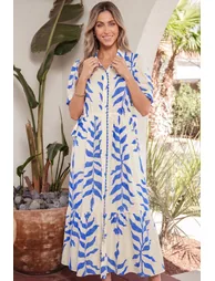 Lvness Sky Blue Leafy Botanical Print Side Tie Button Down Maxi Dress - 4