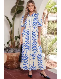 Lvness Sky Blue Leafy Botanical Print Side Tie Button Down Maxi Dress