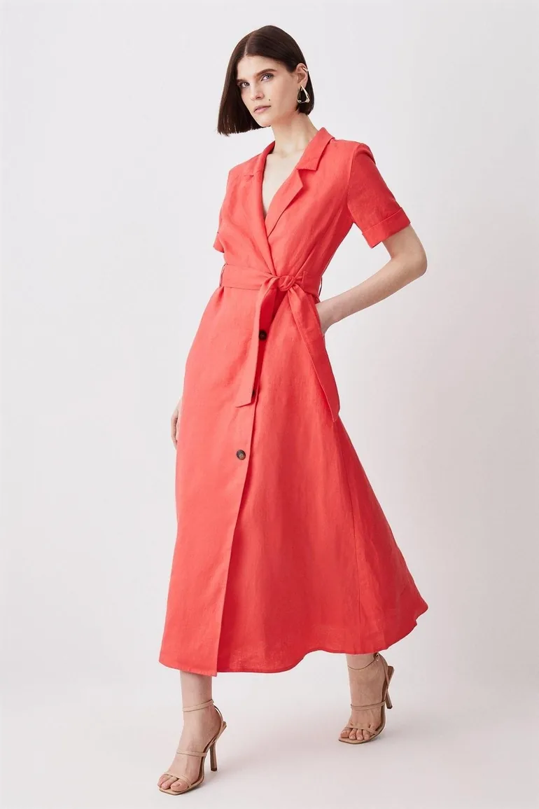 Linen Belted Shirt Midi Dress - 2