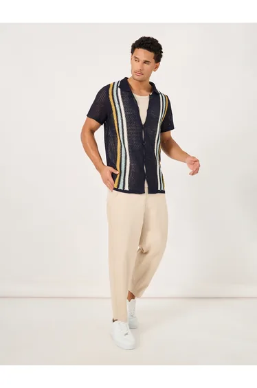 Striped Open Crochet Knit Relaxed Shirt