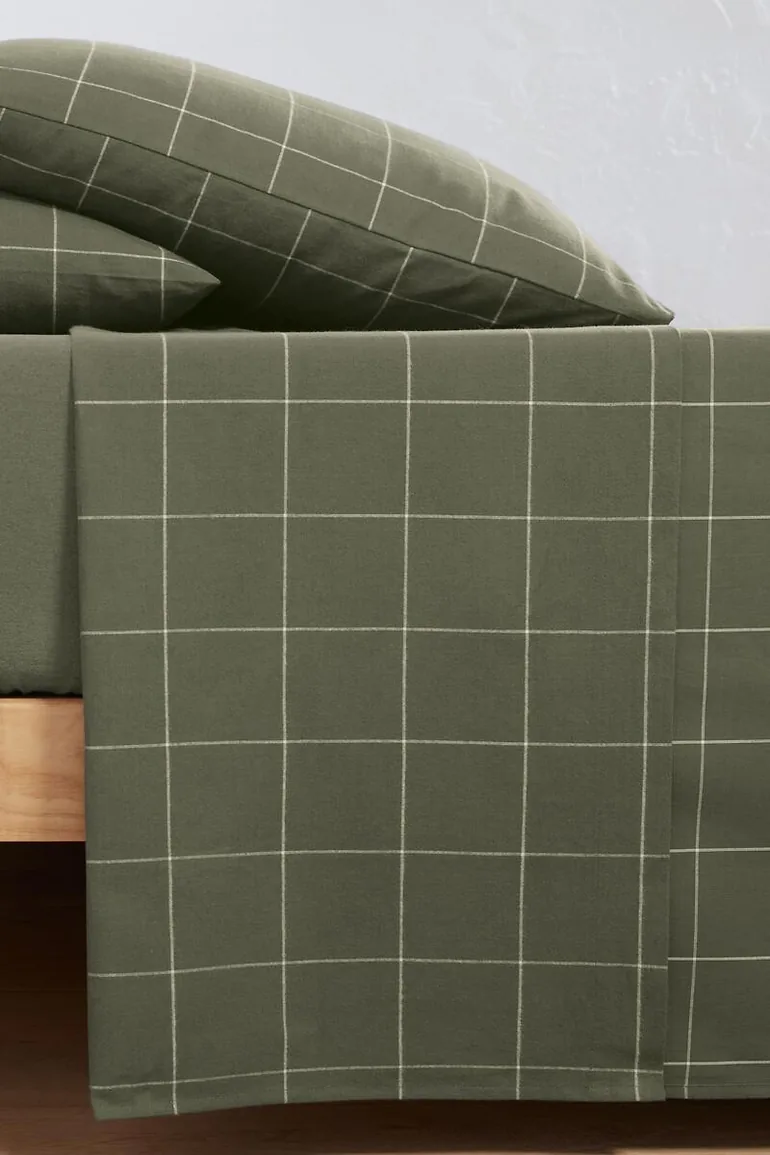 Charlie Khaki Checked 100% Cotton Flannel Flat Sheet