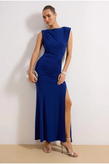 Saks Fitted Draped Woven Long Elegant Evening Dress