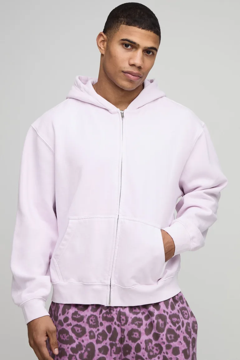 Oversized Boxy Washed Zip Through Hoodie - washed pink