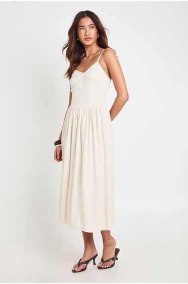 Premium Linen Corset Detail Midi Skater Dress - natural product thumbnail 3